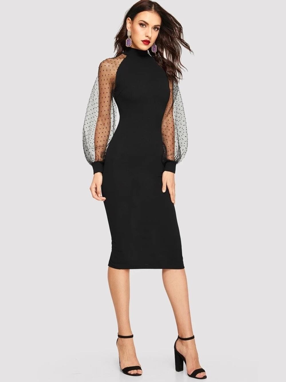 Women’s Black Mesh Sleeves Midi Dress Size Small